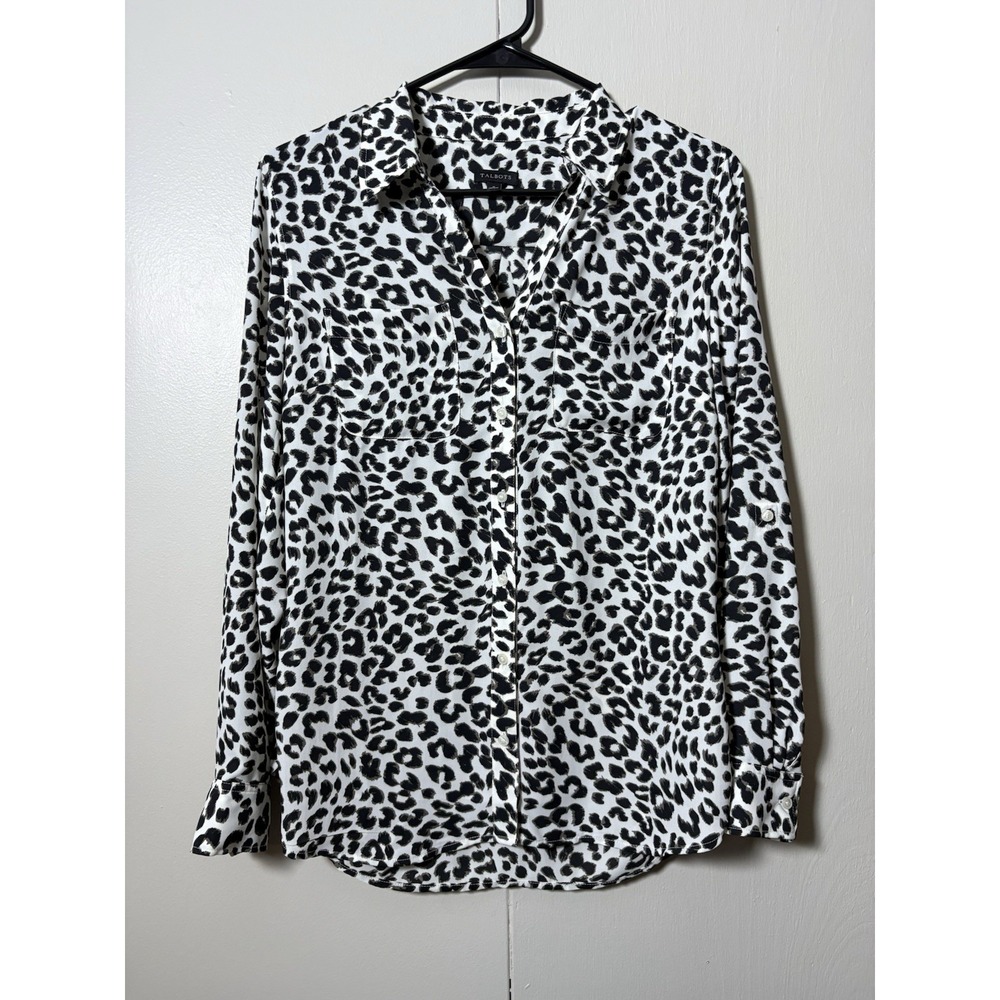 Talbots Small Leopard Print Button Front Blouse Black White Animal Print Career